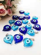 Heart evil eye beads, blue evil eye charm, dark blue turquoise evil eye beads, glass evil eye charms, malacchio beads, ojoturco charms - Evileyefavor