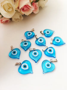 Heart evil eye beads, blue evil eye charm, dark blue turquoise evil eye beads, glass evil eye charms, malacchio beads, ojoturco charms - Evileyefavor
