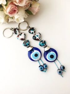 Evil eye key chain, ceramic heart charm keychain, evil eye key ring - Evileyefavor