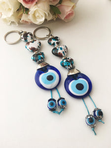 Evil eye key chain, ceramic heart charm keychain, evil eye key ring - Evileyefavor