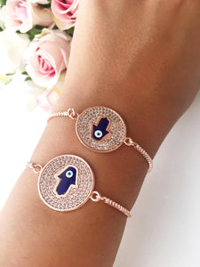 Blue Hamsa Evil Eye Bracelet, Adjustable Rose Gold Bracelet - Evileyefavor
