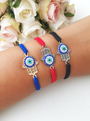 Hamsa Evil Eye Bracelet, Silver Gold Macrame Bracelet - Evileyefavor