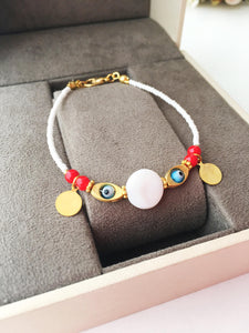 Evil Eye Bracelet, Gold Charm Bracelet, Seed Beads - Evileyefavor