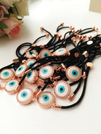 Round Evil Eye Bracelet, Black String Bracelet, Mother of Pearl charm - Evileyefavor