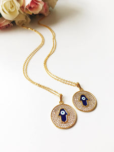 Hamsa necklace, blue evil eye necklace, gold plate disc necklace, rose gold necklace - Evileyefavor