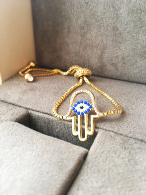 Gold Hamsa Evil Eye Bracelet, Adjustable Bracelet - Evileyefavor