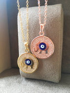 Evil eye necklace, elephant necklace, evil eye plate necklace, good luck necklace, elephant charm necklace, disc plate necklace, rose chain - Evileyefavor