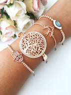 Rose Gold Evil Eye Bracelet, Tree of Life Bracelet, Hamsa Bracelet, Bird Bracelet - Evileyefavor