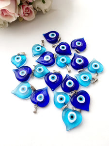 Heart evil eye beads, blue evil eye charm, dark blue turquoise evil eye beads, glass evil eye charms, malacchio beads, ojoturco charms - Evileyefavor