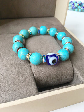 Glass Turquoise Bead Bracelet, Blue Evil Eye Bracelet, Stretch Bracelet - Evileyefavor