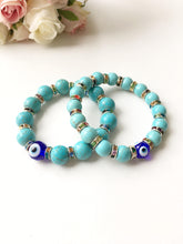 Glass Turquoise Bead Bracelet, Blue Evil Eye Bracelet, Stretch Bracelet - Evileyefavor