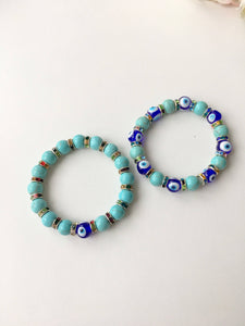 Blue Evil Eye Bracelet, Stretch Glass Bead Bracelet - Evileyefavor
