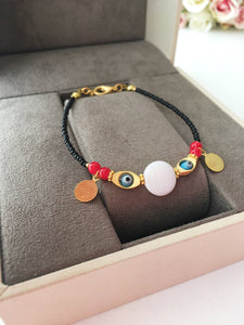 Evil Eye Bracelet, Gold Charm Bracelet, Seed Beads - Evileyefavor