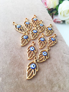 Evil eye charms 2pcs, gold plated leaf shape evil eye pendant, turkish evil eye charms, feather evil eye bead, necklace charm, mal de ojo - Evileyefavor