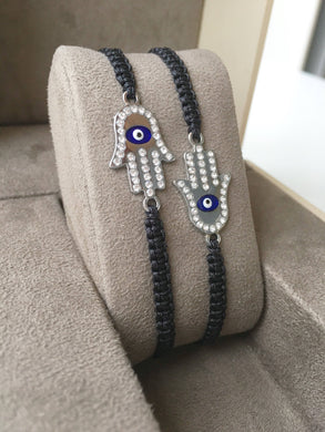 Silver Hamsa Evil Eye Bracelet, Black Macrame Bracelet - Evileyefavor