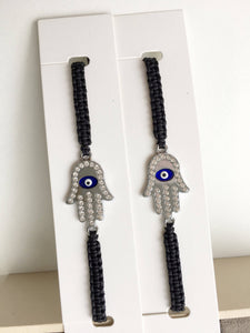 Silver Hamsa Evil Eye Bracelet, Black Macrame Bracelet - Evileyefavor