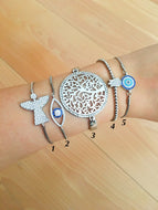 Silver Evil Eye Bracelet Set, Adjustable Charm Bracelet, Tree of Life Tulip Charm - Evileyefavor