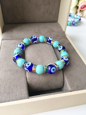 Blue Evil Eye Bracelet, Stretch Glass Bead Bracelet - Evileyefavor