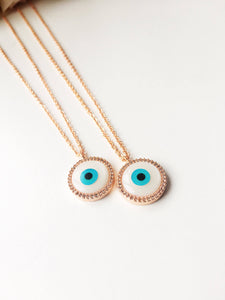 Evil eye necklace, mother of pearl charm necklace, rose gold clover necklace - Evileyefavor