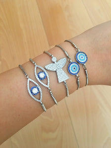 Silver Evil Eye Bracelet, Angel Bracelet, Adjustable Bracelet - Evileyefavor