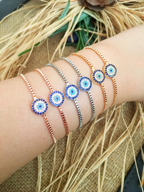 Minimalist Evil Eye Bracelet, Adjustable Rose Gold Silver Bracelet - Evileyefavor