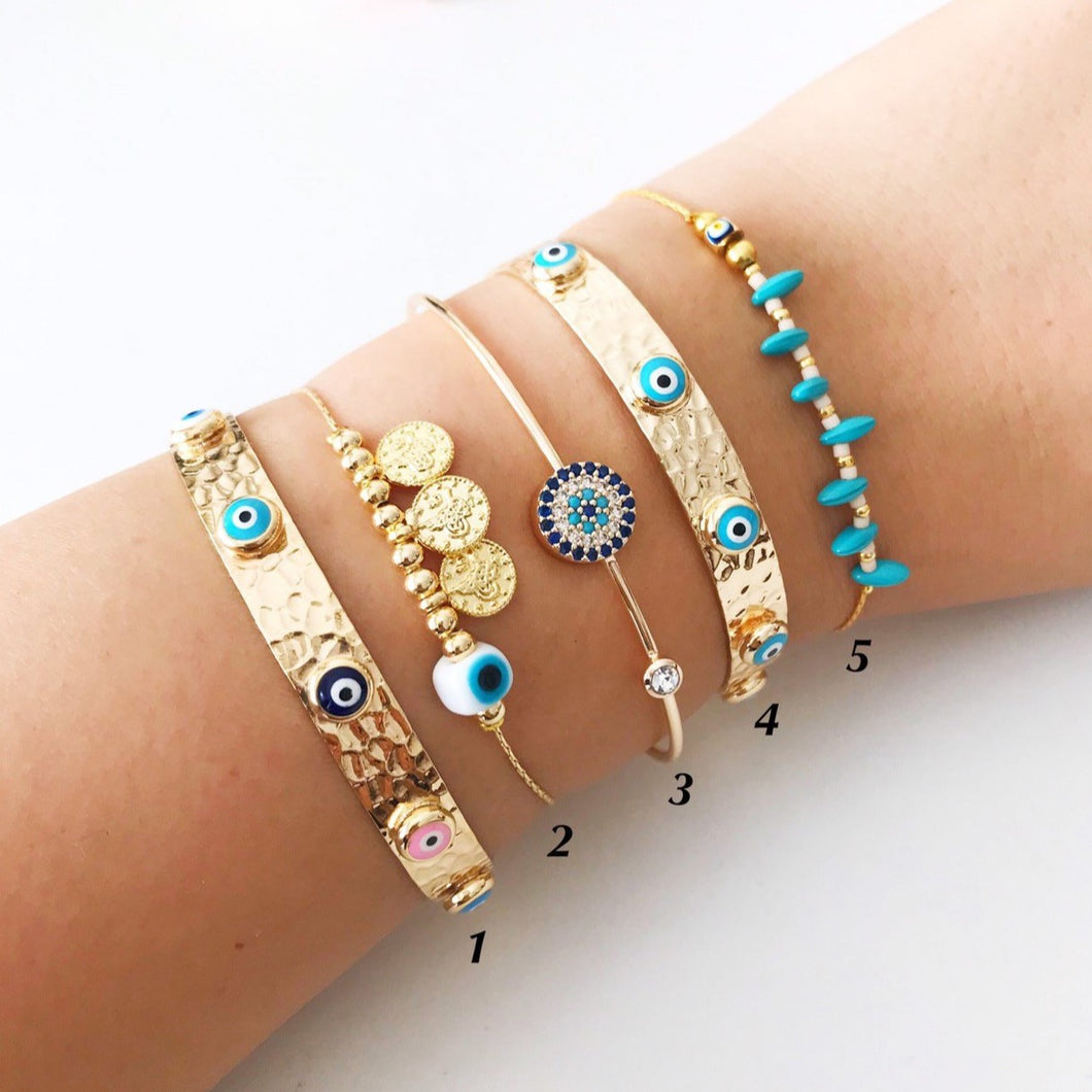 Gold Bangle Bracelet, Greek Evil Eye Jewelry, Evil Eye Charm Bracelet - Evileyefavor