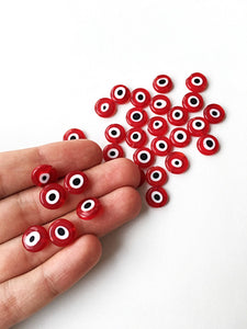 Red evil eye 6mm to 12mm - flat glass beads - nazar evil eye set of 30 to 55 beads - Flat evil eye - Greek evil eye - diy jewelry supplies - Evileyefavor