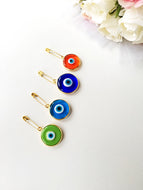 28mm Lucky evil eye safety pin, protection for baby, gold plated evil eye pins - Evileyefavor