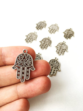 3 pcs silver plated hamsa charm connector - hamsa jewelry - silver plated hamsa - Evileyefavor