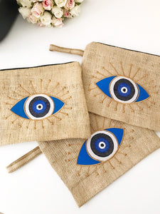 Evil eye bag, jute bag, evil eye clutch bag,